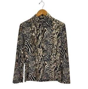Papillon Blanc Zebra Floral Print Whimsy Top Womens Size M High Mock Neck Blouse